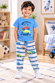 Boys Motocross Dirt Bike Graphic Print Short Sleeve T-Shirt and All Over Print Joggers Cotton Lounge Set — Royal Blue  Multicolor  Yokidz