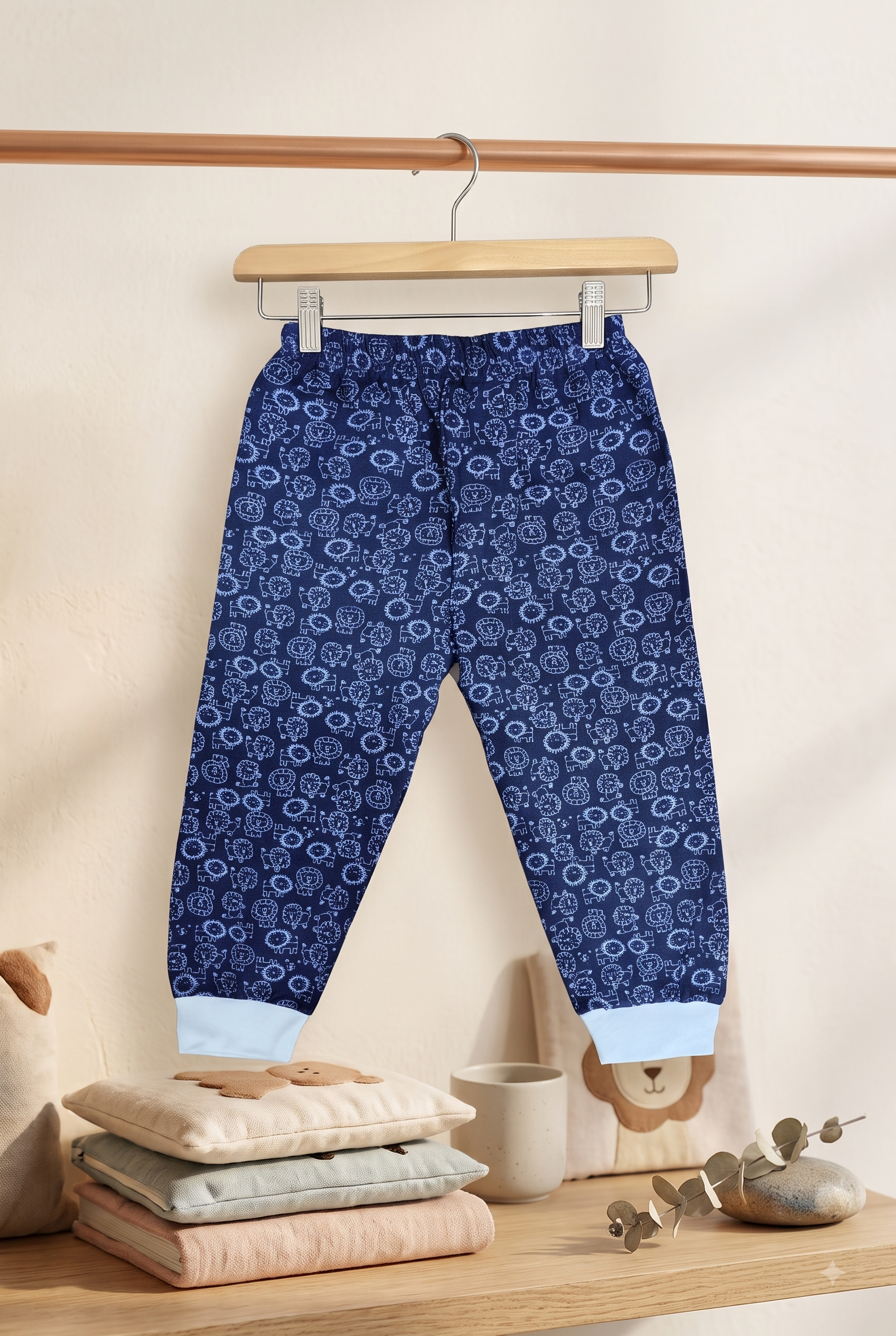 Boys Lion Doodle All Over Print Contrast Ribbed Cuff Cotton Pyjama Track Pants (Pack of 2) — Royal Blue / Red | Yokidz