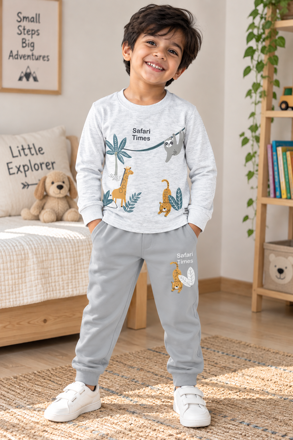 Boys Safari Times Animals Graphic Full Sleeve T-Shirt and Track Pants Cotton Nightwear Lounge Set — Heather Grey / Sage Green | Yokidz