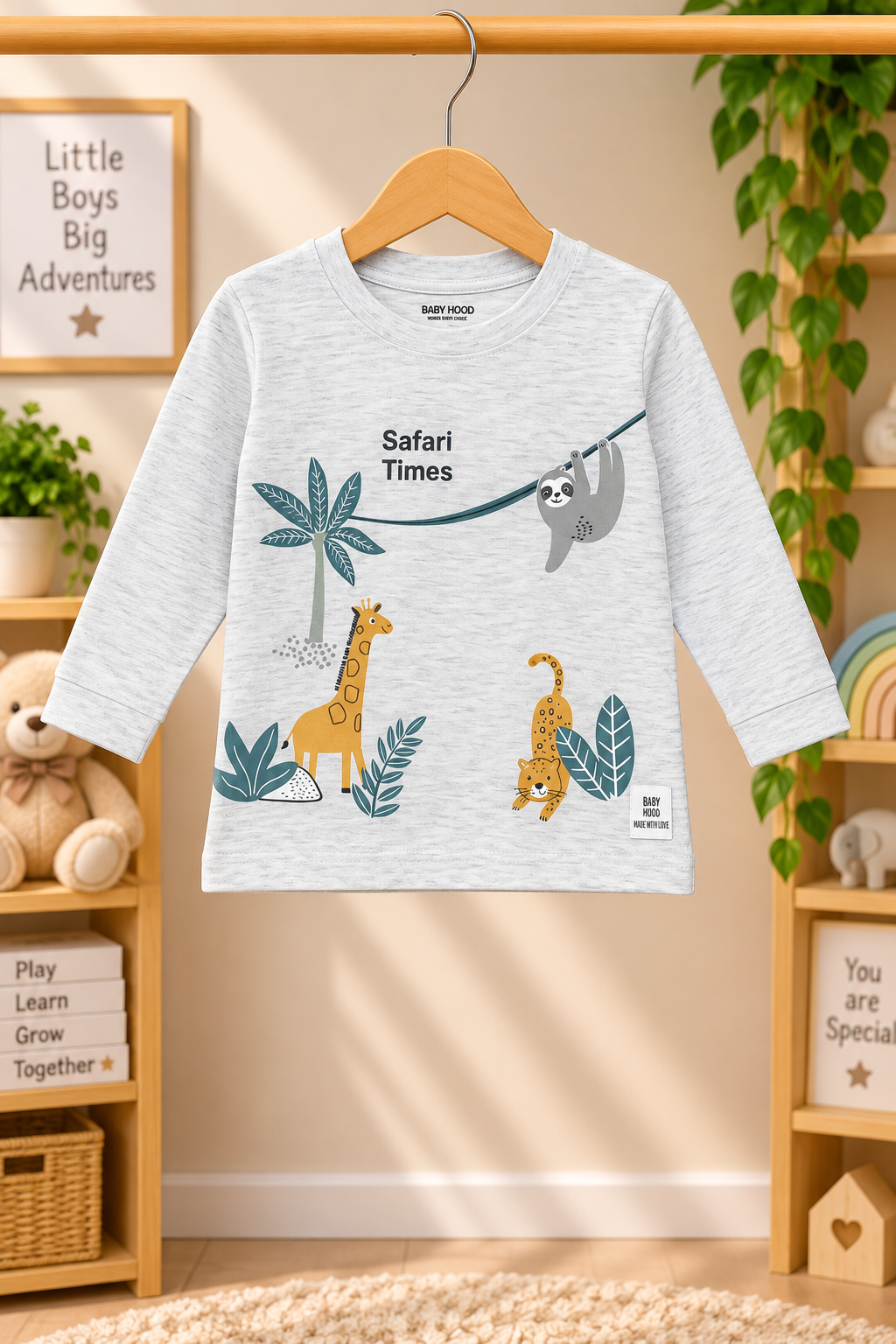 Boys Safari Times Animals Graphic Full Sleeve T-Shirt and Track Pants Cotton Nightwear Lounge Set — Heather Grey / Sage Green | Yokidz