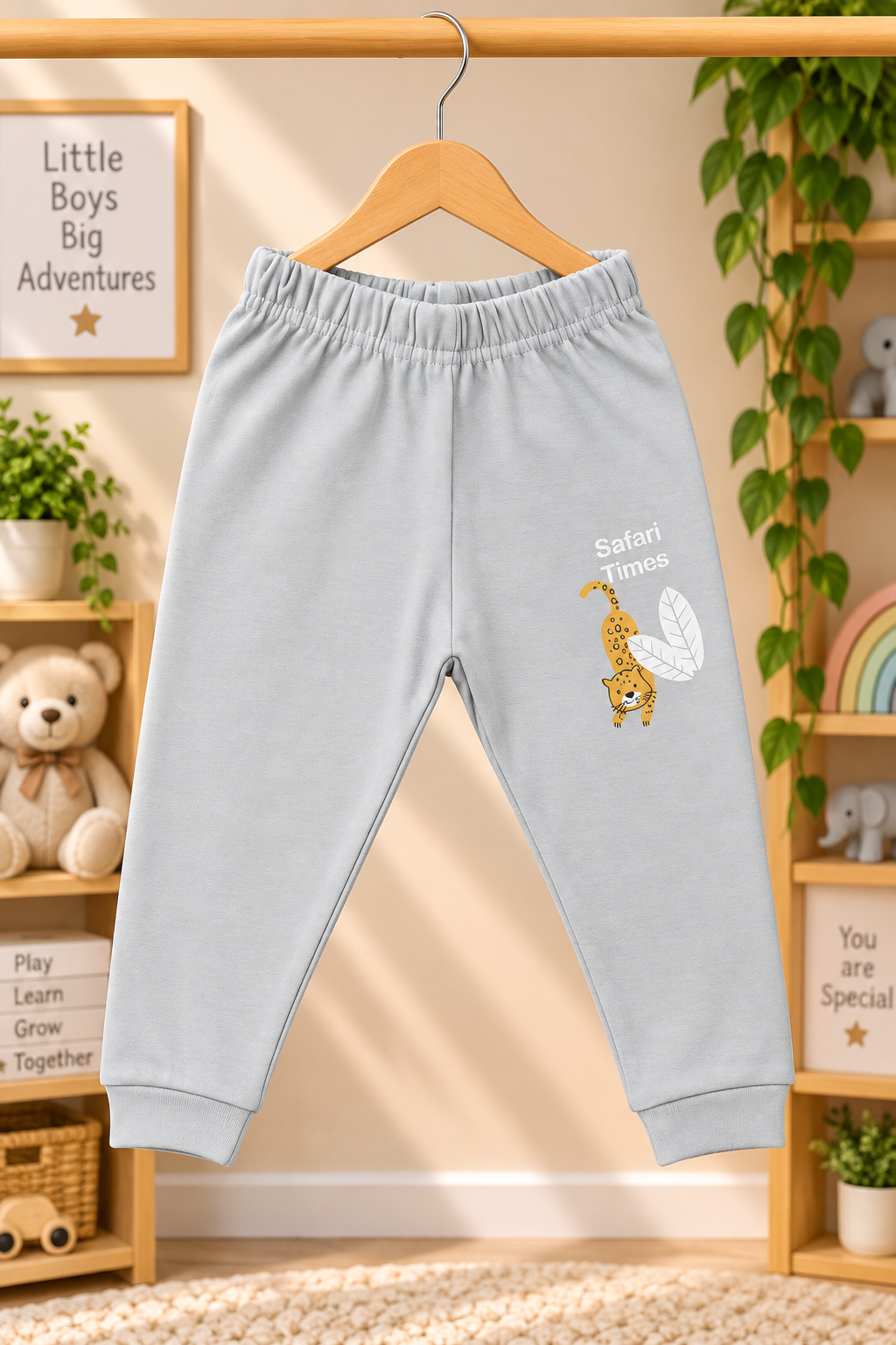 Boys Safari Times Animals Graphic Full Sleeve T-Shirt and Track Pants Cotton Nightwear Lounge Set — Heather Grey / Sage Green | Yokidz