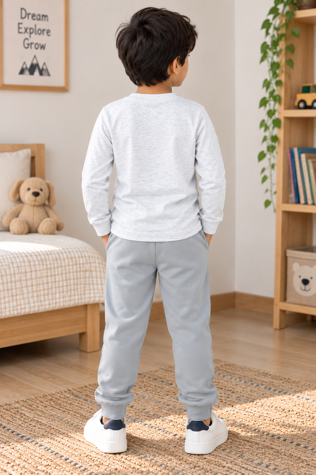 Boys Safari Times Animals Graphic Full Sleeve T-Shirt and Track Pants Cotton Nightwear Lounge Set — Heather Grey / Sage Green | Yokidz
