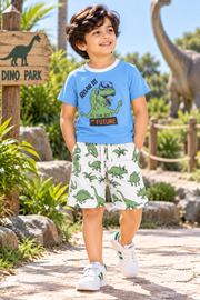 Boys VR Dinosaur Graphic Print Short Sleeve T-Shirt and All Over Print Shorts Cotton Shorts Set — Sky Blue / White & Green | Yo-kidz