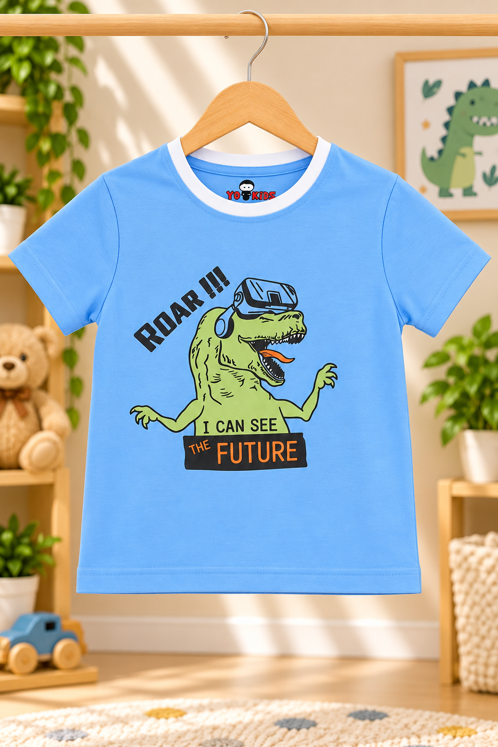 Boys VR Dinosaur Graphic Print Short Sleeve T-Shirt and All Over Print Shorts Cotton Shorts Set — Sky Blue / White & Green | Yo-kidz