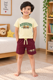 Boys Weekend Mood Burger Graphic Print Short Sleeve T-Shirt and Shorts Cotton Lounge Set — Light Yellow  Maroon  Yokidz