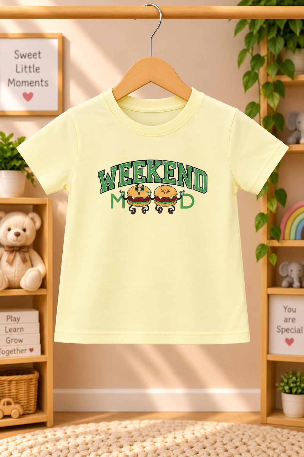 Boys Weekend Mood Burger Graphic Print Short Sleeve T-Shirt and Shorts Cotton Lounge Set — Light Yellow  Maroon  Yokidz