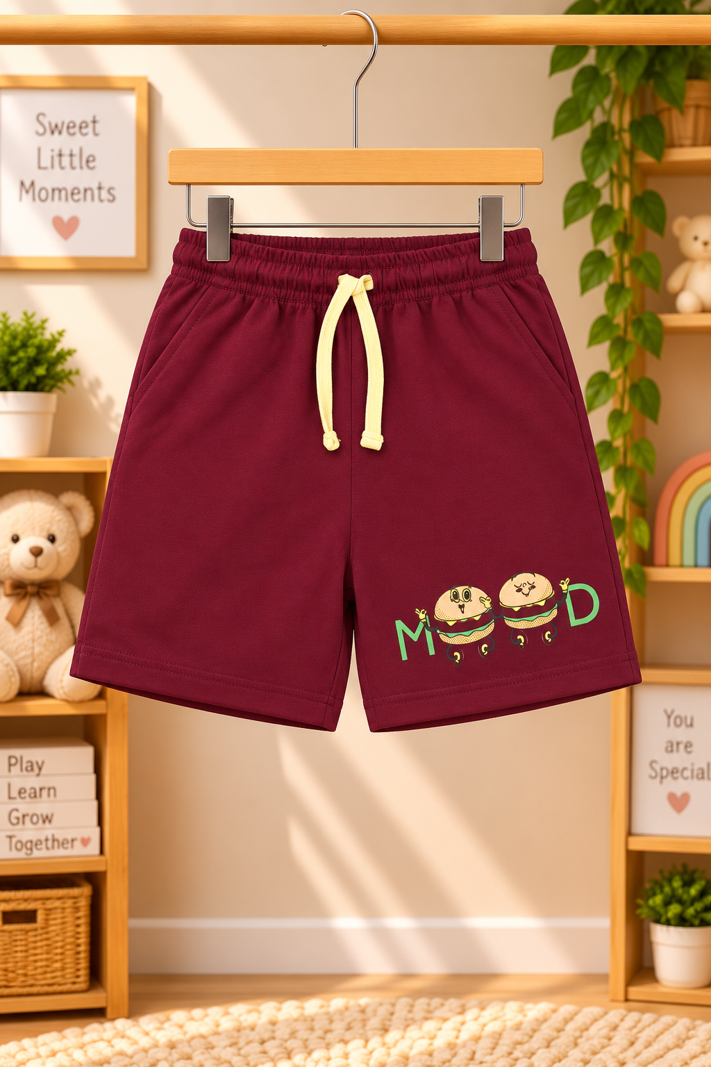 Boys Weekend Mood Burger Graphic Print Short Sleeve T-Shirt and Shorts Cotton Lounge Set — Light Yellow  Maroon  Yokidz