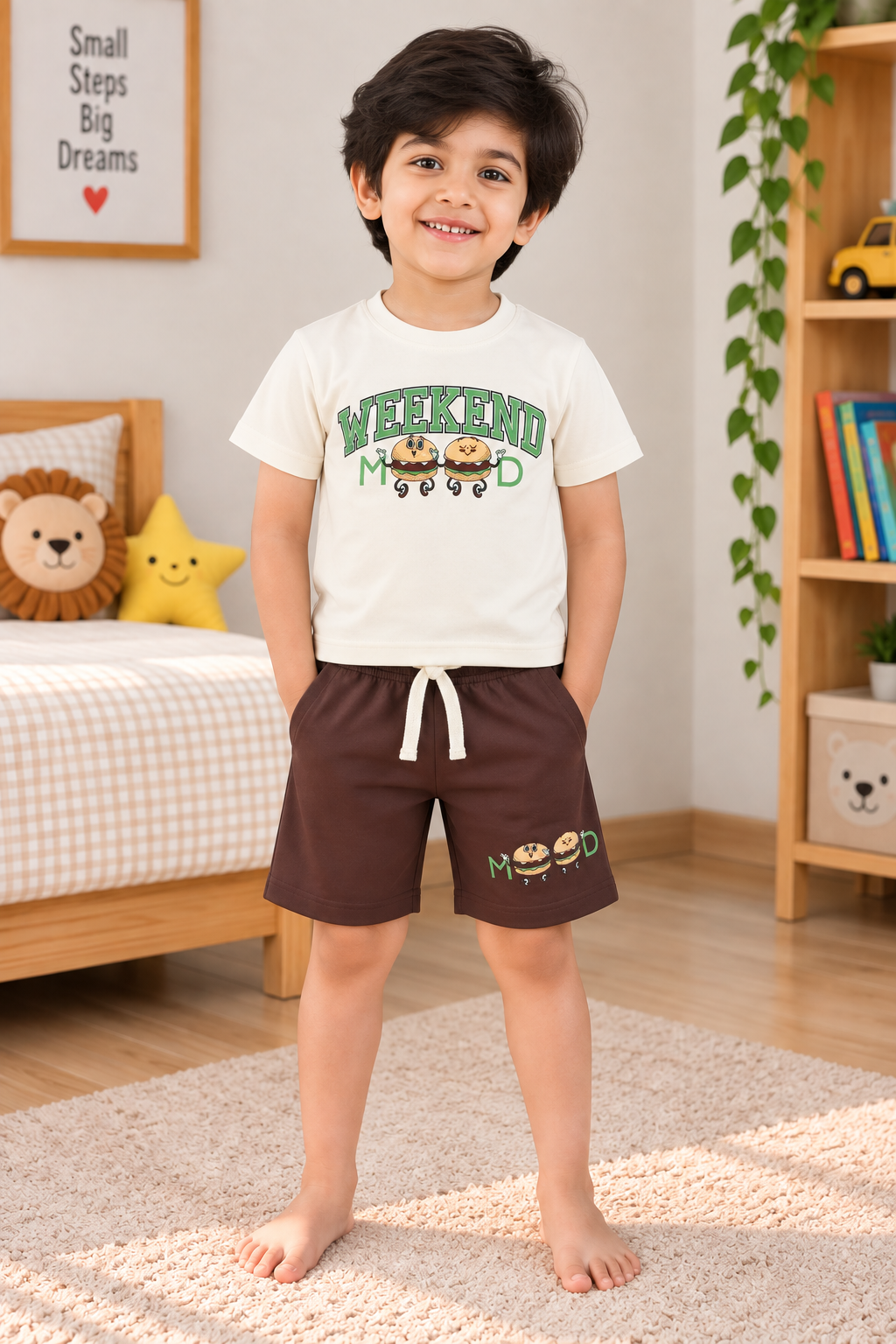 Boys Weekend Mood Burger Graphic Print Short Sleeve T-Shirt and Shorts Cotton Short Set — Cream / Dark Brown | Yokidz
