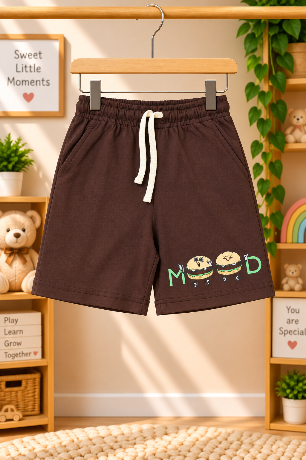 Boys Weekend Mood Burger Graphic Print Short Sleeve T-Shirt and Shorts Cotton Short Set — Cream / Dark Brown | Yokidz