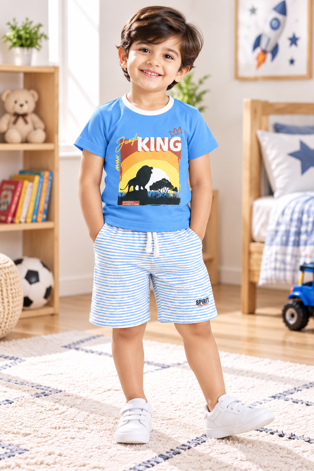 Boys Jungle King Lion Graphic Print Short Sleeve T-Shirt and Striped Shorts Cotton Lounge Set — Sky Blue / White & Blue | Yokidz