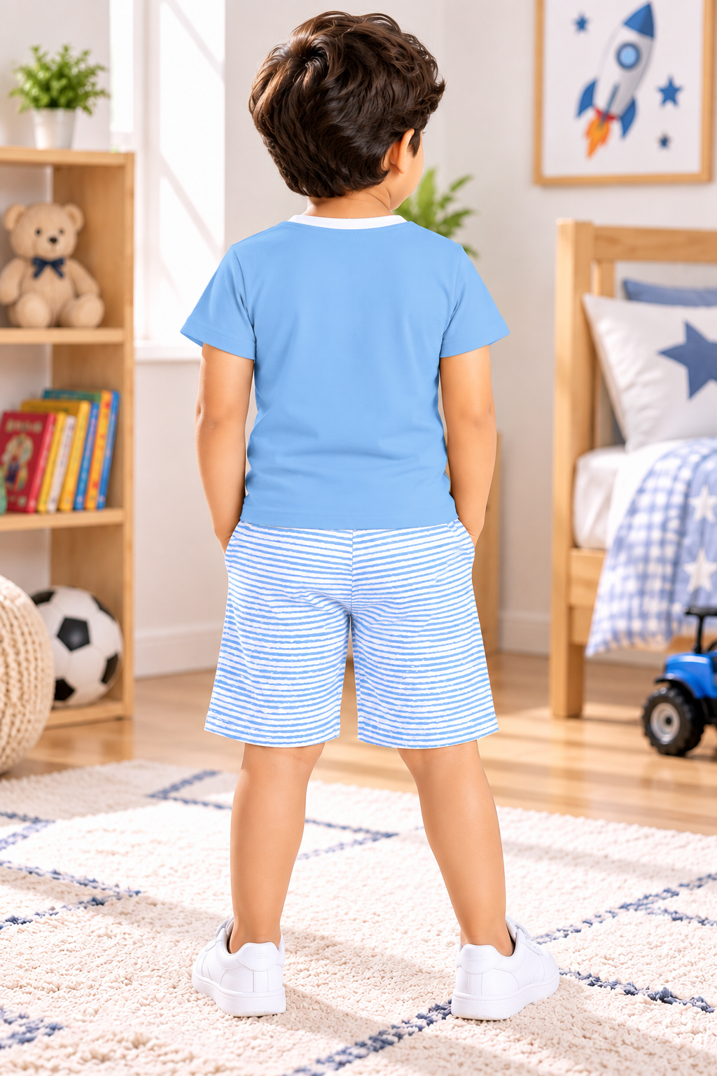 Boys Jungle King Lion Graphic Print Short Sleeve T-Shirt and Striped Shorts Cotton Lounge Set — Sky Blue / White & Blue | Yokidz