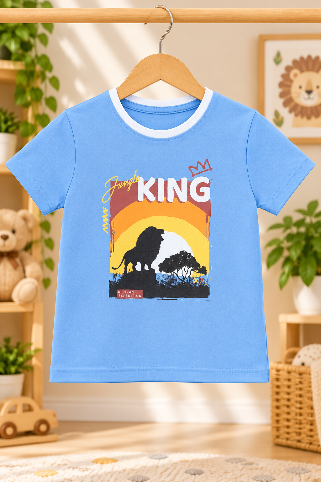 Boys Jungle King Lion Graphic Print Short Sleeve T-Shirt and Striped Shorts Cotton Lounge Set — Sky Blue / White & Blue | Yokidz