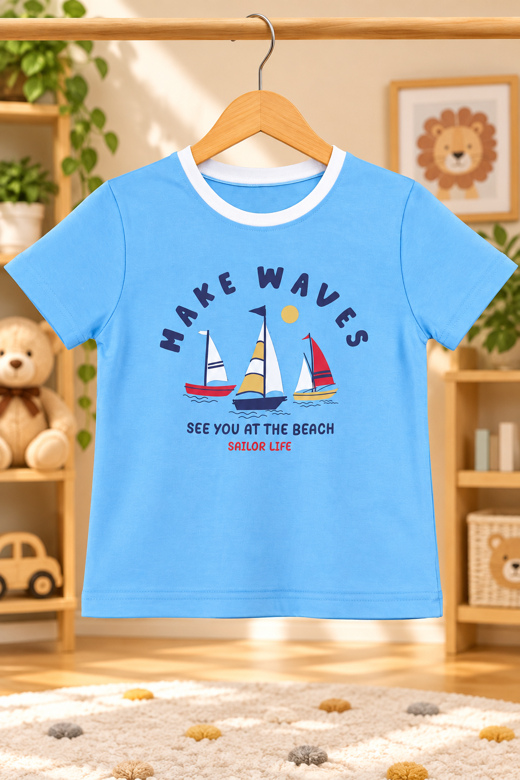 Boys Make Waves Sailboat Graphic Print Short Sleeve T-Shirt and Striped Shorts Cotton Lounge Set — Sky Blue / White & Blue | Yokidz