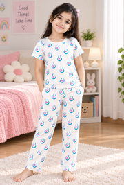Girls Avocado All Over Print Short Sleeve T-Shirt and Pajama Cotton Nightwear Lounge Set — Off White  Multicolor  Yokidz