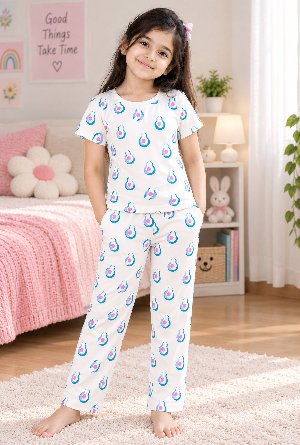 Girls Avocado All Over Print Short Sleeve T-Shirt and Pajama Cotton Nightwear Lounge Set — Off White  Multicolor  Yokidz