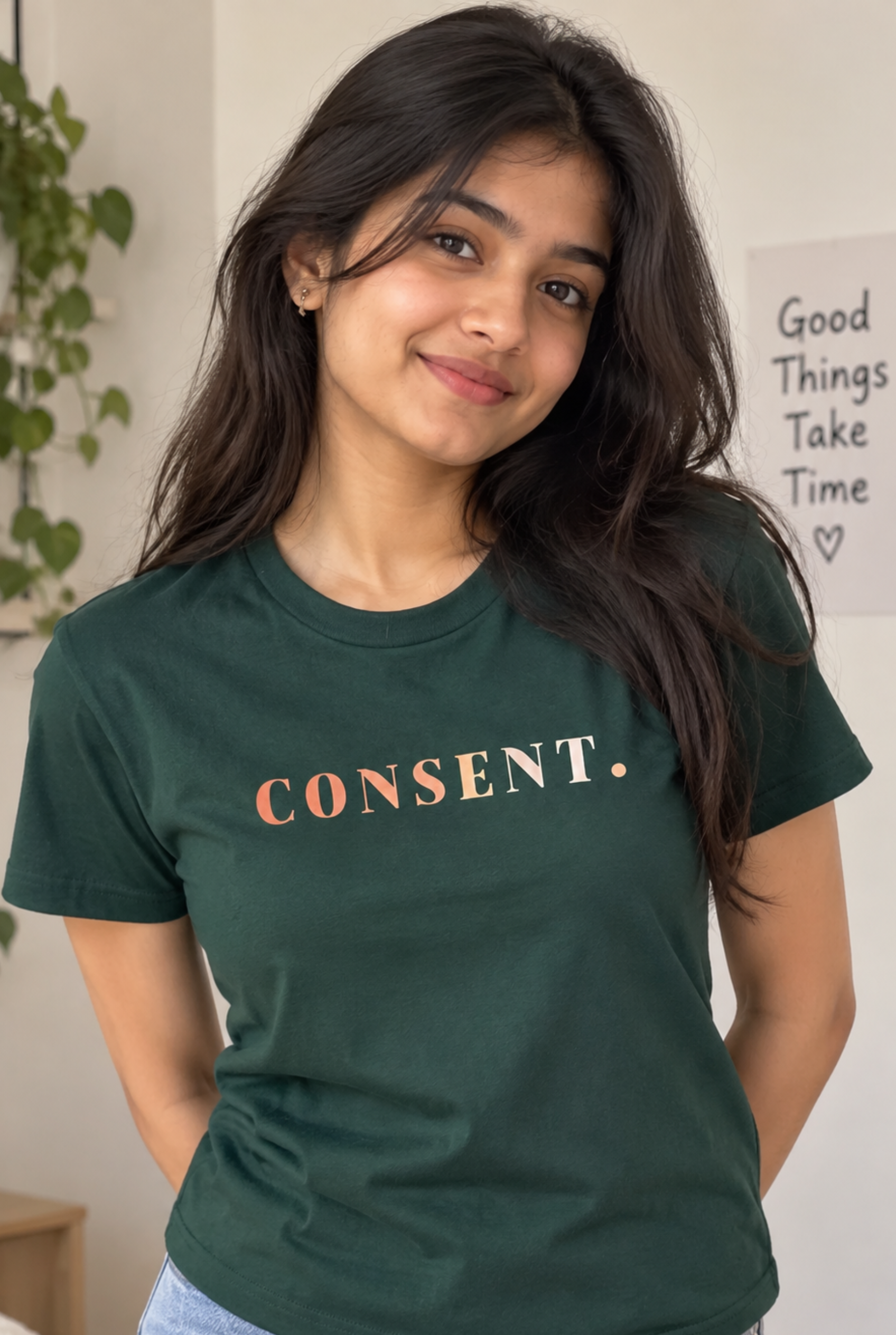 Girls CONSENT. Typography Graphic Print Round Neck Short Sleeve Cotton T-Shirt — Dark Bottle Green | Yokidz