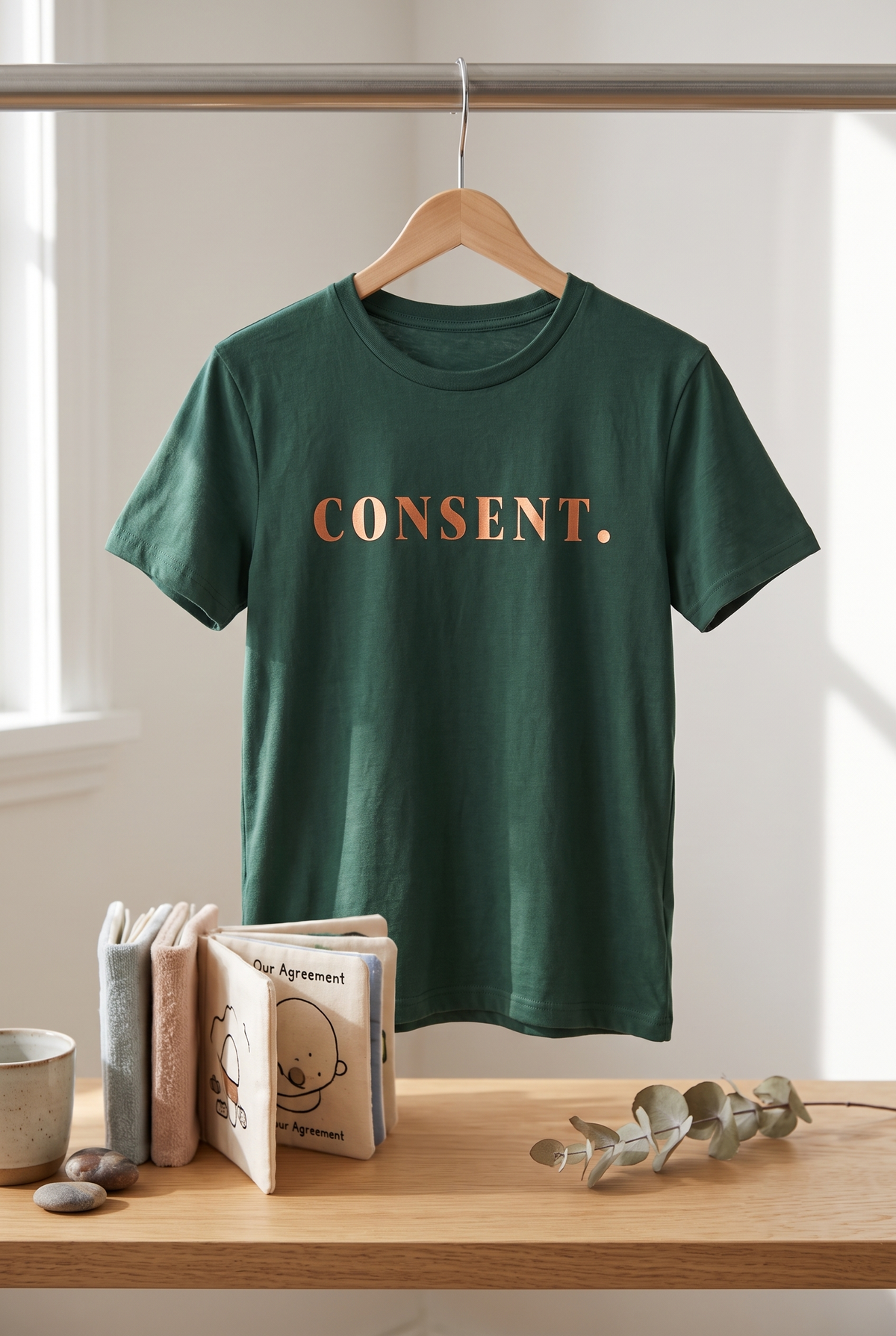 Girls CONSENT. Typography Graphic Print Round Neck Short Sleeve Cotton T-Shirt — Dark Bottle Green | Yokidz