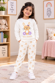 Girls Cute Bunny Be Kind Graphic Full Sleeve T-Shirt and Floral Pajama Cotton Nightwear Lounge Set — Off White / Peach Floral | Yokidz