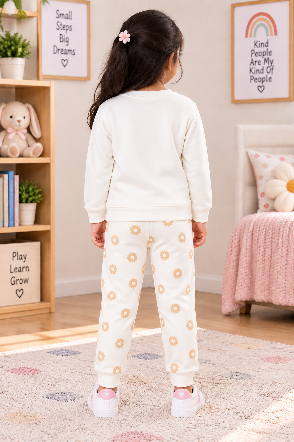 Girls Cute Bunny Be Kind Graphic Full Sleeve T-Shirt and Floral Pajama Cotton Nightwear Lounge Set — Off White / Peach Floral | Yokidz