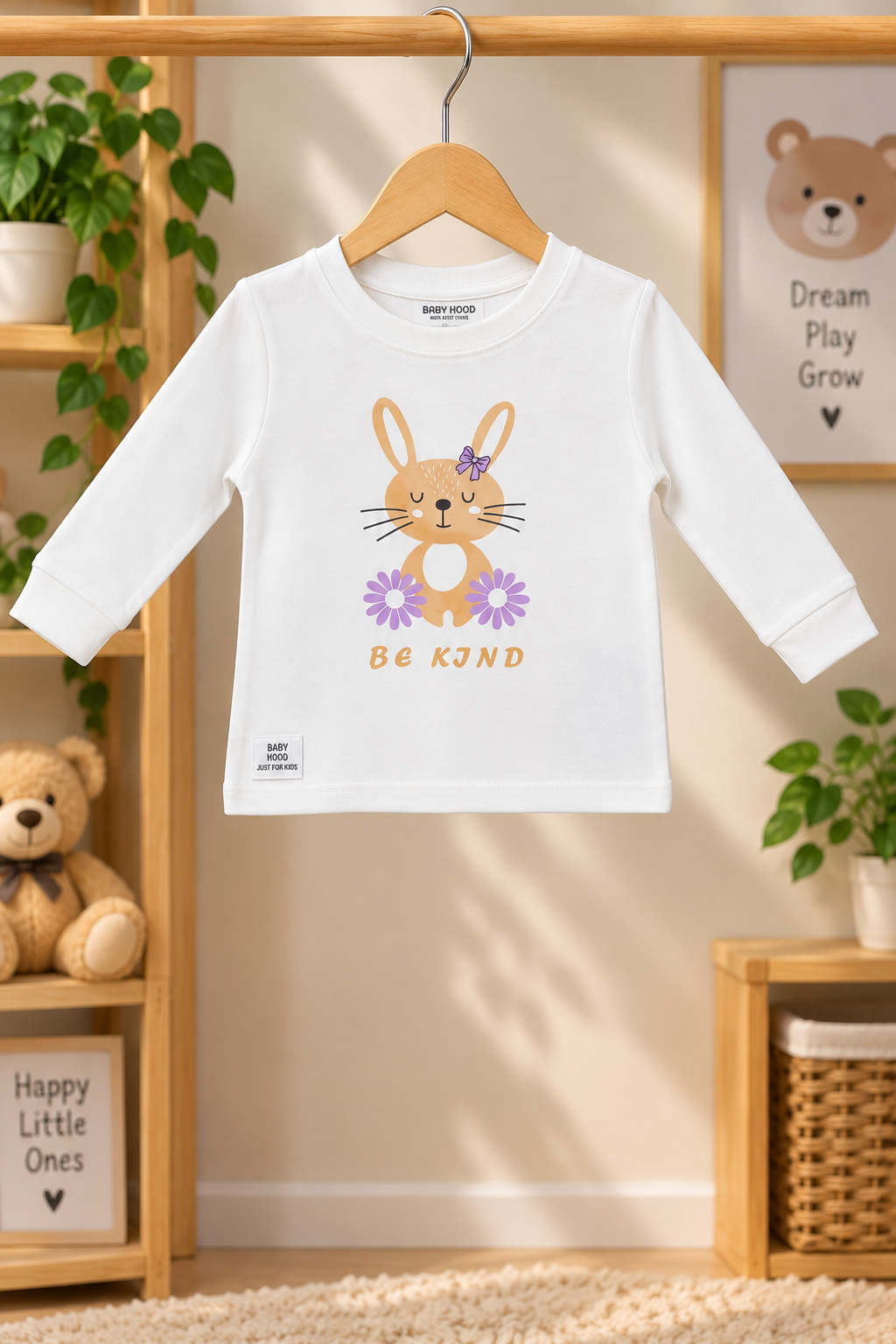 Girls Cute Bunny Be Kind Graphic Full Sleeve T-Shirt and Floral Pajama Cotton Nightwear Lounge Set — Off White / Peach Floral | Yokidz