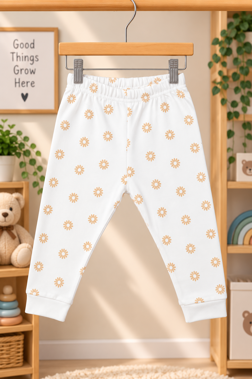 Girls Cute Bunny Be Kind Graphic Full Sleeve T-Shirt and Floral Pajama Cotton Nightwear Lounge Set — Off White / Peach Floral | Yokidz