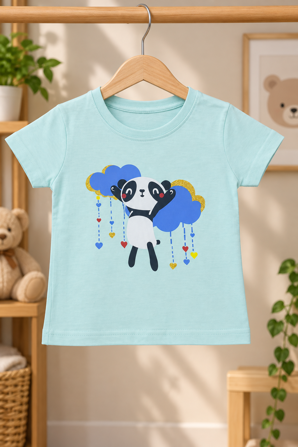 Girls Cute Panda & Clouds Graphic Print T-Shirt and All Over Print Track Pants Cotton Lounge Set — Pastel Sea Green / Multicolor | Yokidz