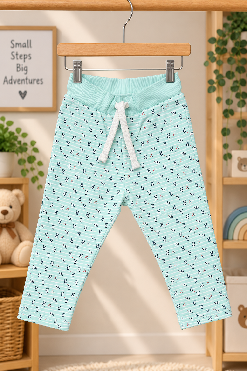 Girls Cute Panda & Clouds Graphic Print T-Shirt and All Over Print Track Pants Cotton Lounge Set — Pastel Sea Green / Multicolor | Yokidz