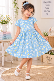 Girls Daisy Floral All Over Print Short Sleeve Round Neck Cotton A-Line Dress — Sky Blue / White | Yokidz