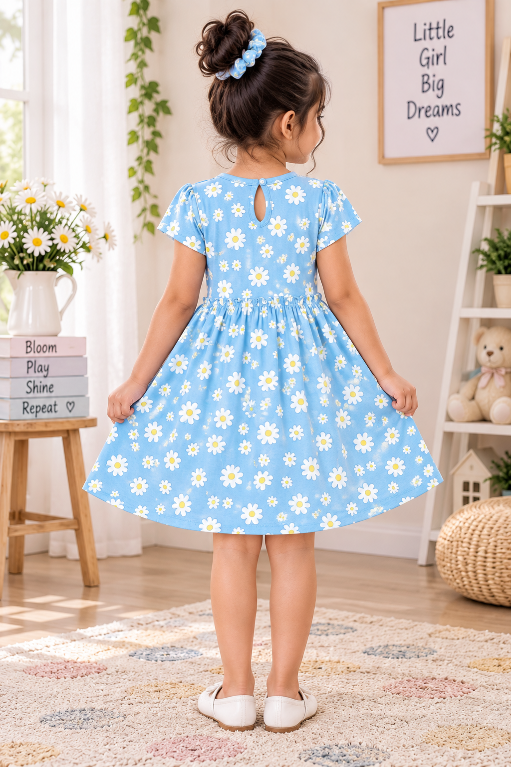 Girls Daisy Floral All Over Print Short Sleeve Round Neck Cotton A-Line Dress — Sky Blue / White | Yokidz