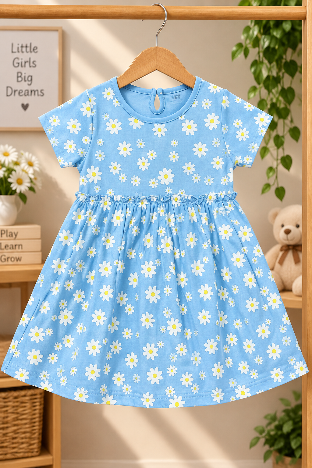 Girls Daisy Floral All Over Print Short Sleeve Round Neck Cotton A-Line Dress — Sky Blue / White | Yokidz