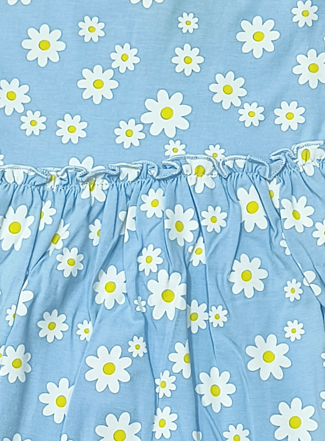 Girls Daisy Floral All Over Print Short Sleeve Round Neck Cotton A-Line Dress — Sky Blue / White | Yokidz