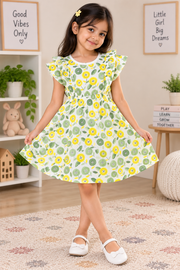 Girls Floral All Over Print Ruffle Sleeve Round Neck Cotton A-Line Dress — White / Yellow / Sage Green | Yokidz