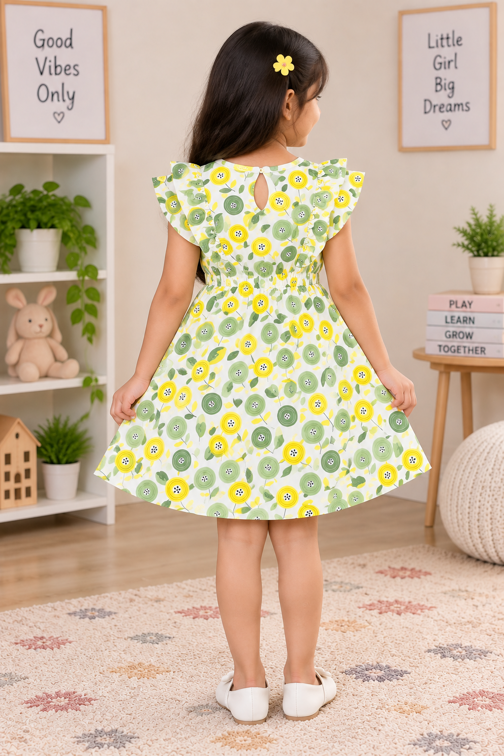 Girls Floral All Over Print Ruffle Sleeve Round Neck Cotton A-Line Dress — White / Yellow / Sage Green | Yokidz