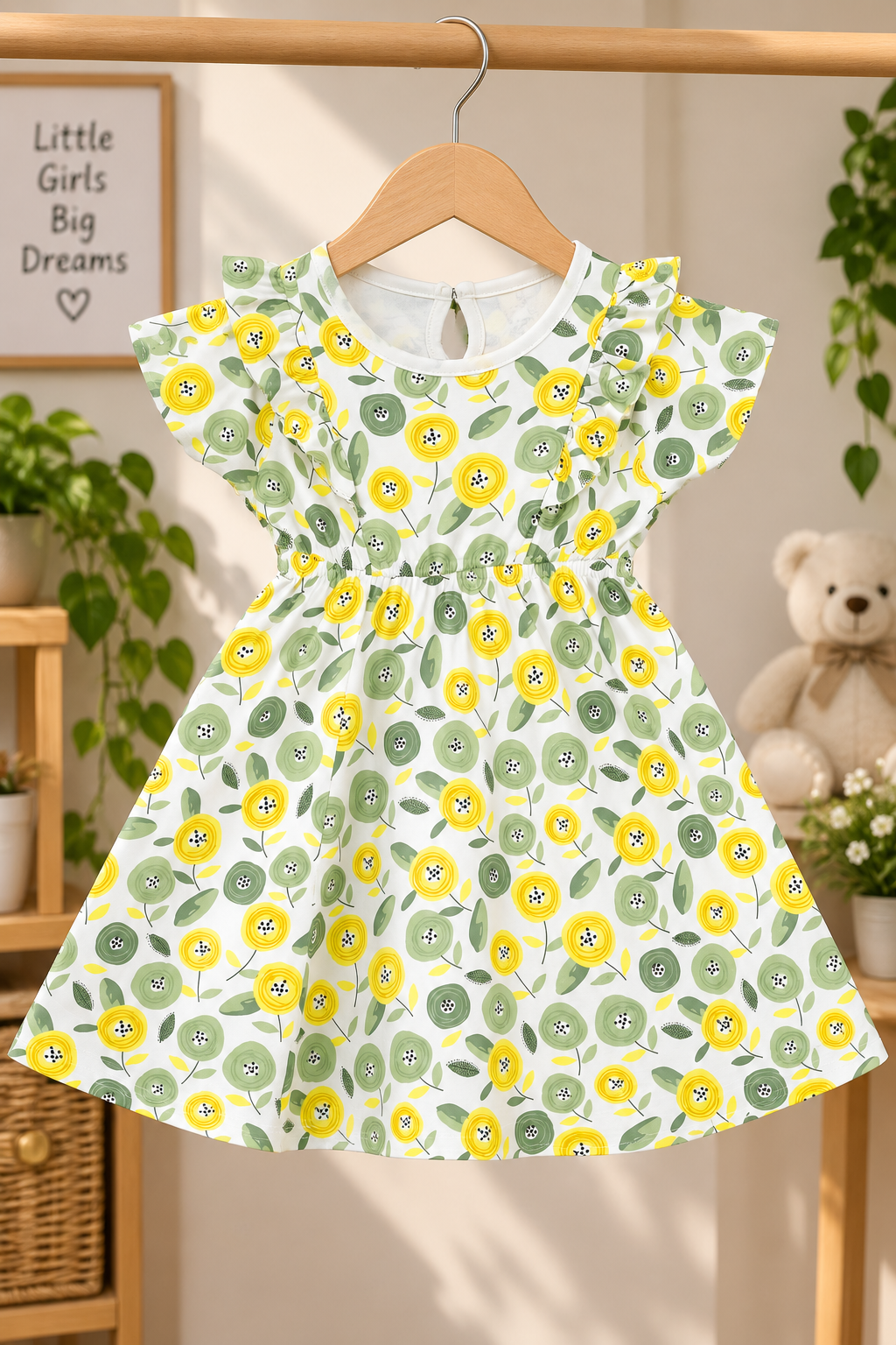 Girls Floral All Over Print Ruffle Sleeve Round Neck Cotton A-Line Dress — White / Yellow / Sage Green | Yokidz