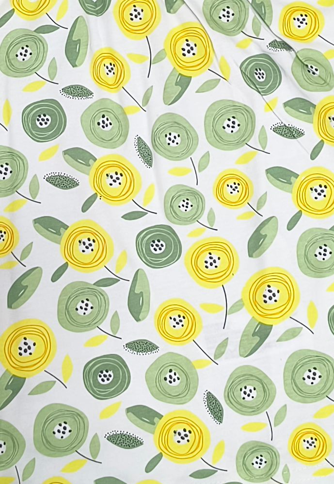 Girls Floral All Over Print Ruffle Sleeve Round Neck Cotton A-Line Dress — White / Yellow / Sage Green | Yokidz