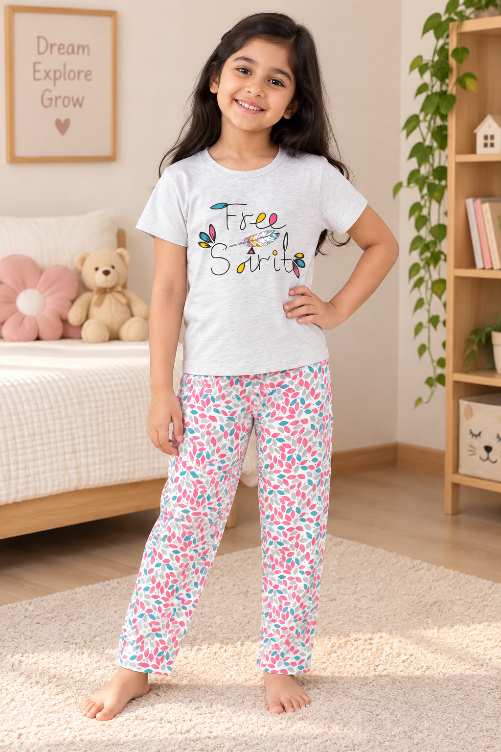 Girls Free Spirits Typography Graphic Print Short Sleeve T-Shirt and Leaf All Over Print Pajama Cotton Nightwear Lounge Set — Heather Grey / Pink & Teal | Yokidz