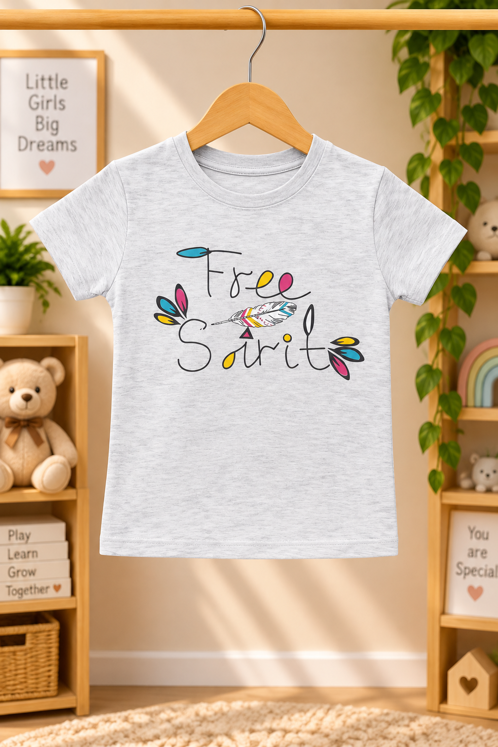 Girls Free Spirits Typography Graphic Print Short Sleeve T-Shirt and Leaf All Over Print Pajama Cotton Nightwear Lounge Set — Heather Grey / Pink & Teal | Yokidz