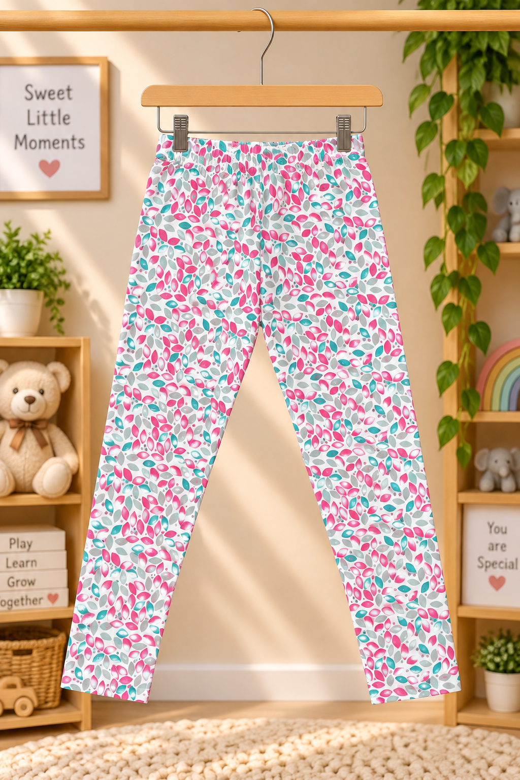 Girls Free Spirits Typography Graphic Print Short Sleeve T-Shirt and Leaf All Over Print Pajama Cotton Nightwear Lounge Set — Heather Grey / Pink & Teal | Yokidz