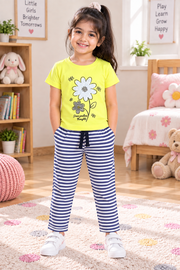 Girls Grow Positive Thoughts Floral Graphic Print Short Sleeve T-Shirt and Striped Pajama Cotton Lounge Set — Lime Yellow / Navy Blue & White | Yokidz