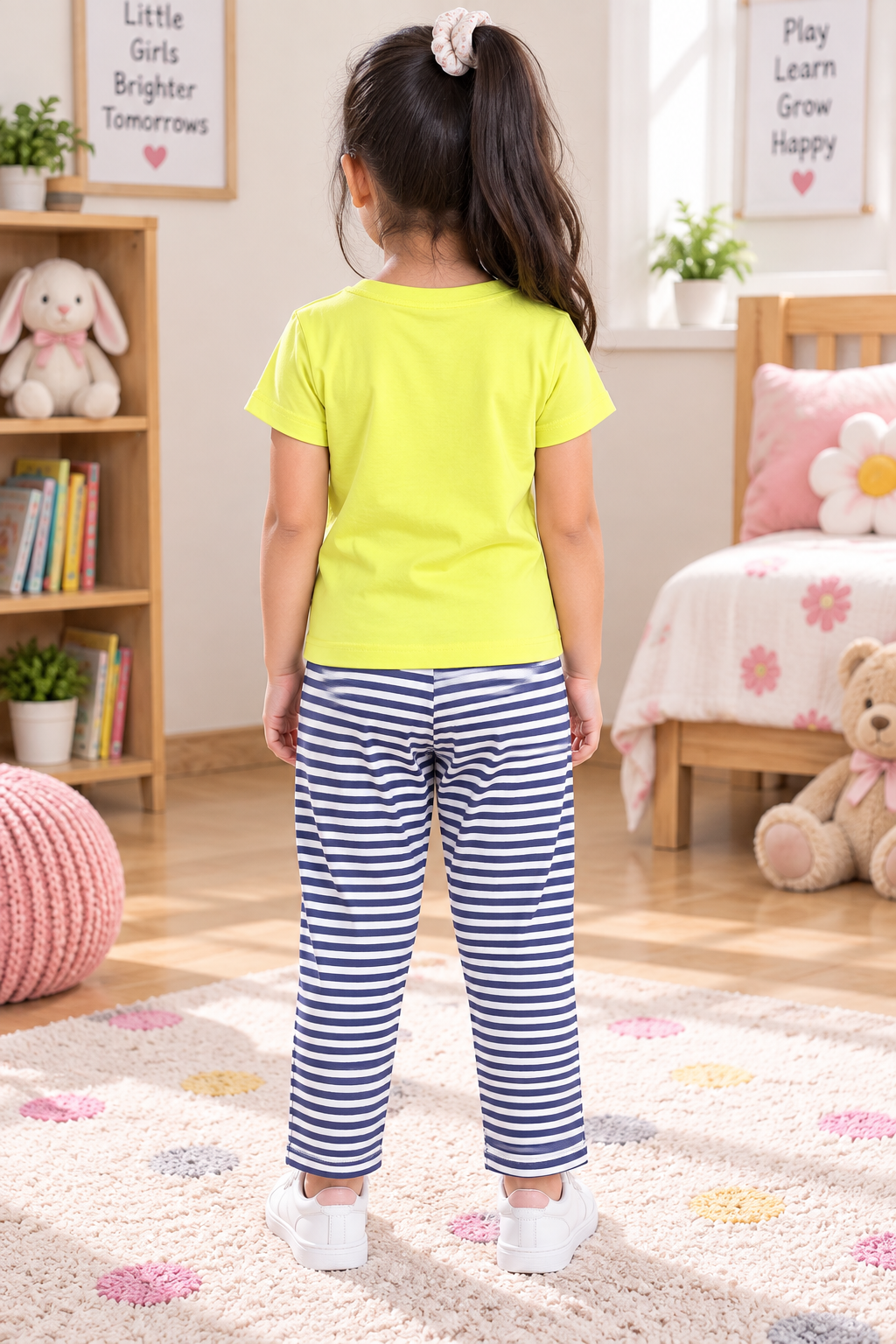 Girls Grow Positive Thoughts Floral Graphic Print Short Sleeve T-Shirt and Striped Pajama Cotton Lounge Set — Lime Yellow / Navy Blue & White | Yokidz
