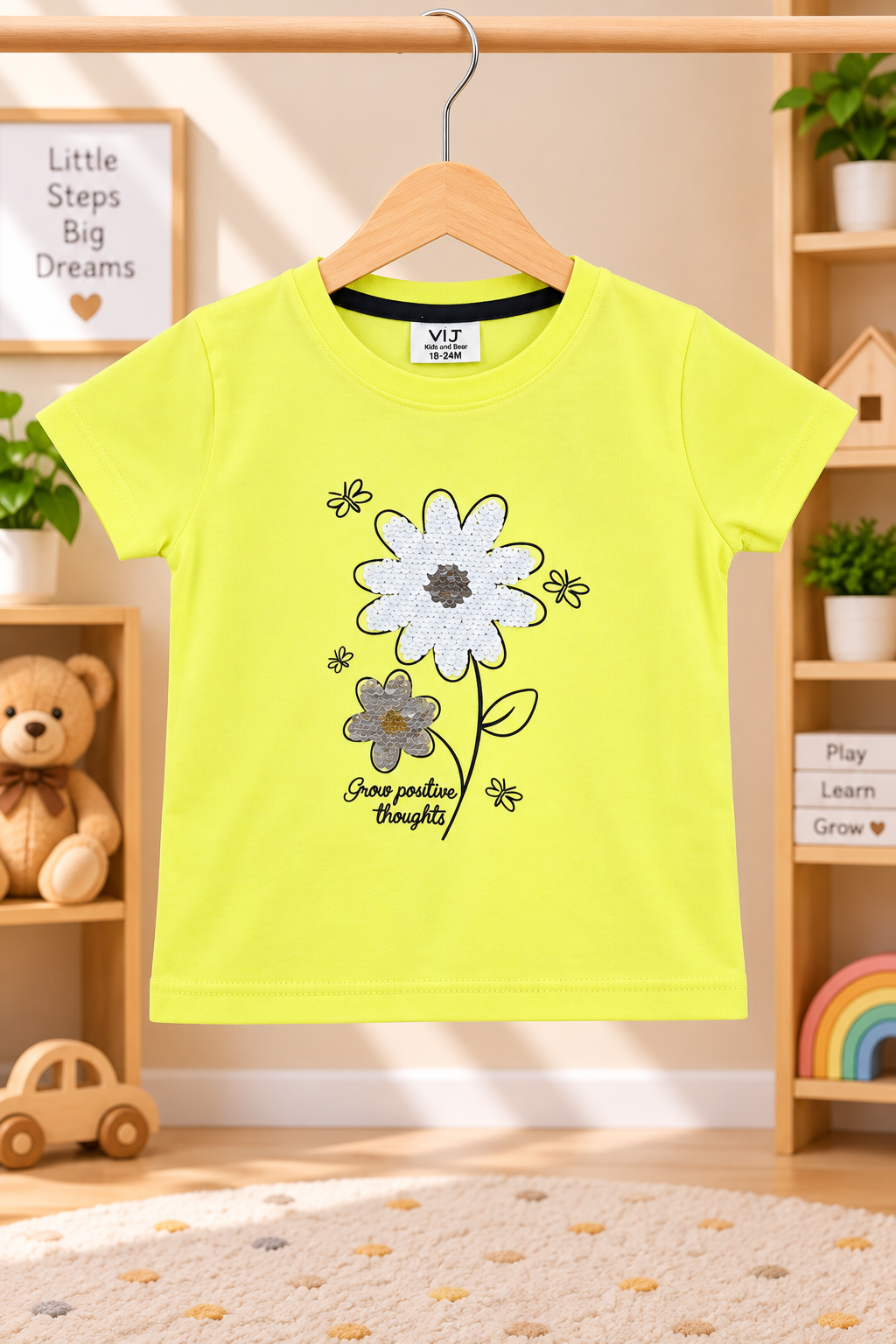 Girls Grow Positive Thoughts Floral Graphic Print Short Sleeve T-Shirt and Striped Pajama Cotton Lounge Set — Lime Yellow / Navy Blue & White | Yokidz