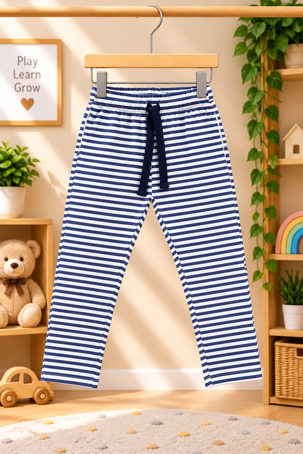 Girls Grow Positive Thoughts Floral Graphic Print Short Sleeve T-Shirt and Striped Pajama Cotton Lounge Set — Lime Yellow / Navy Blue & White | Yokidz