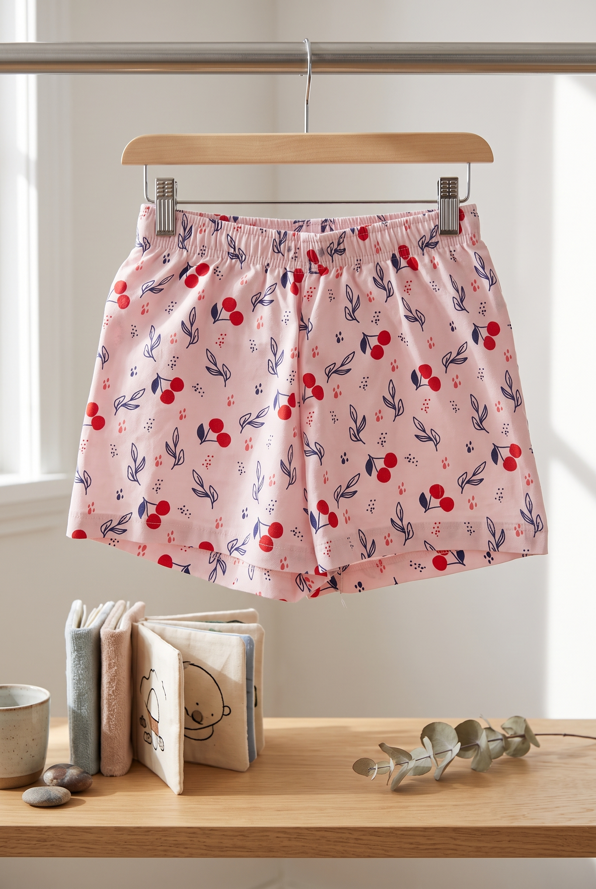 Girls Happy Cherries Graphic Print Short Sleeve T-Shirt and Shorts Cotton Nightwear Lounge Set — Pastel Pink / White | Yokidz