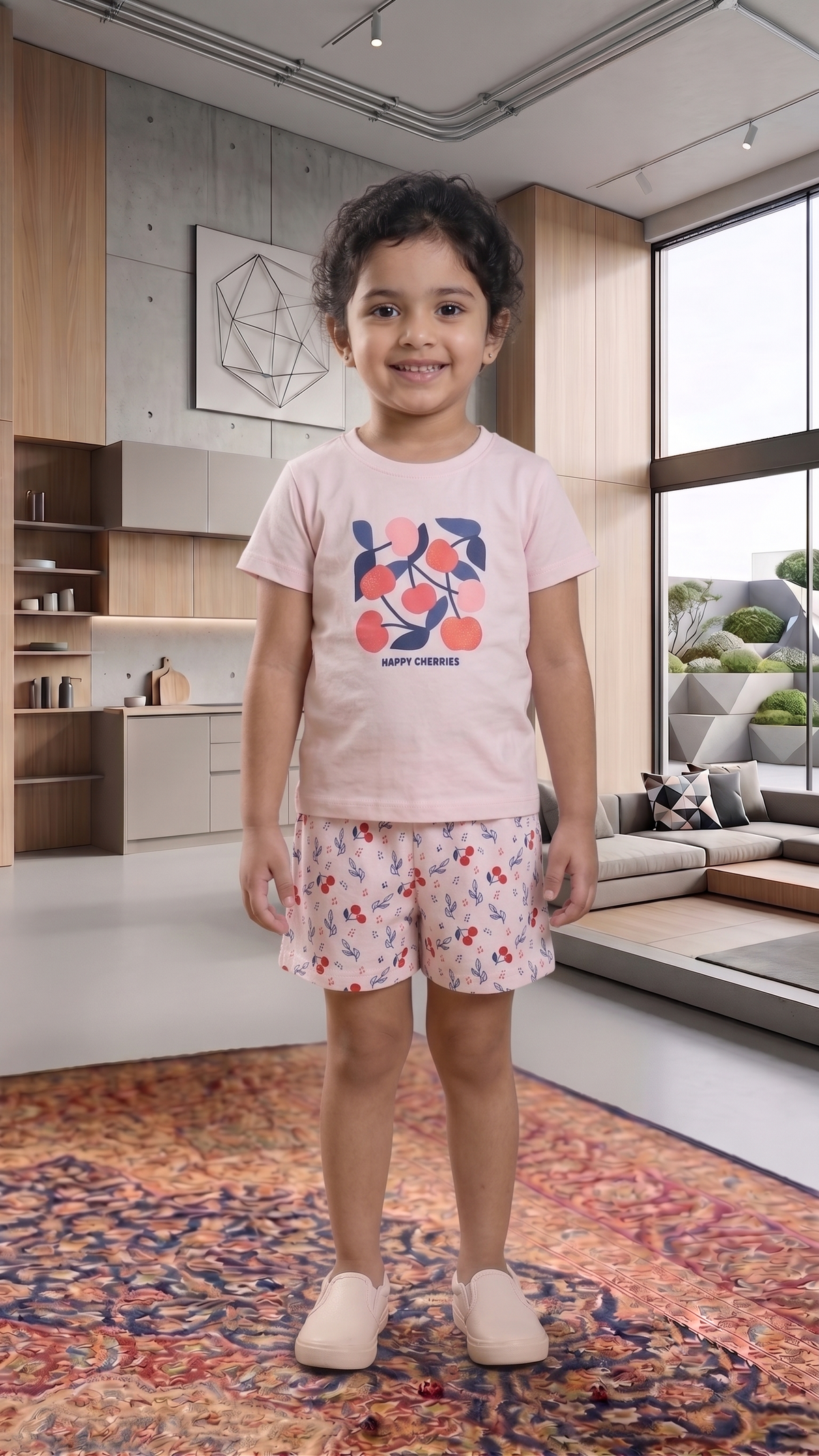 Girls Happy Cherries Graphic Print Short Sleeve T-Shirt and Shorts Cotton Nightwear Lounge Set — Pastel Pink / White | Yokidz