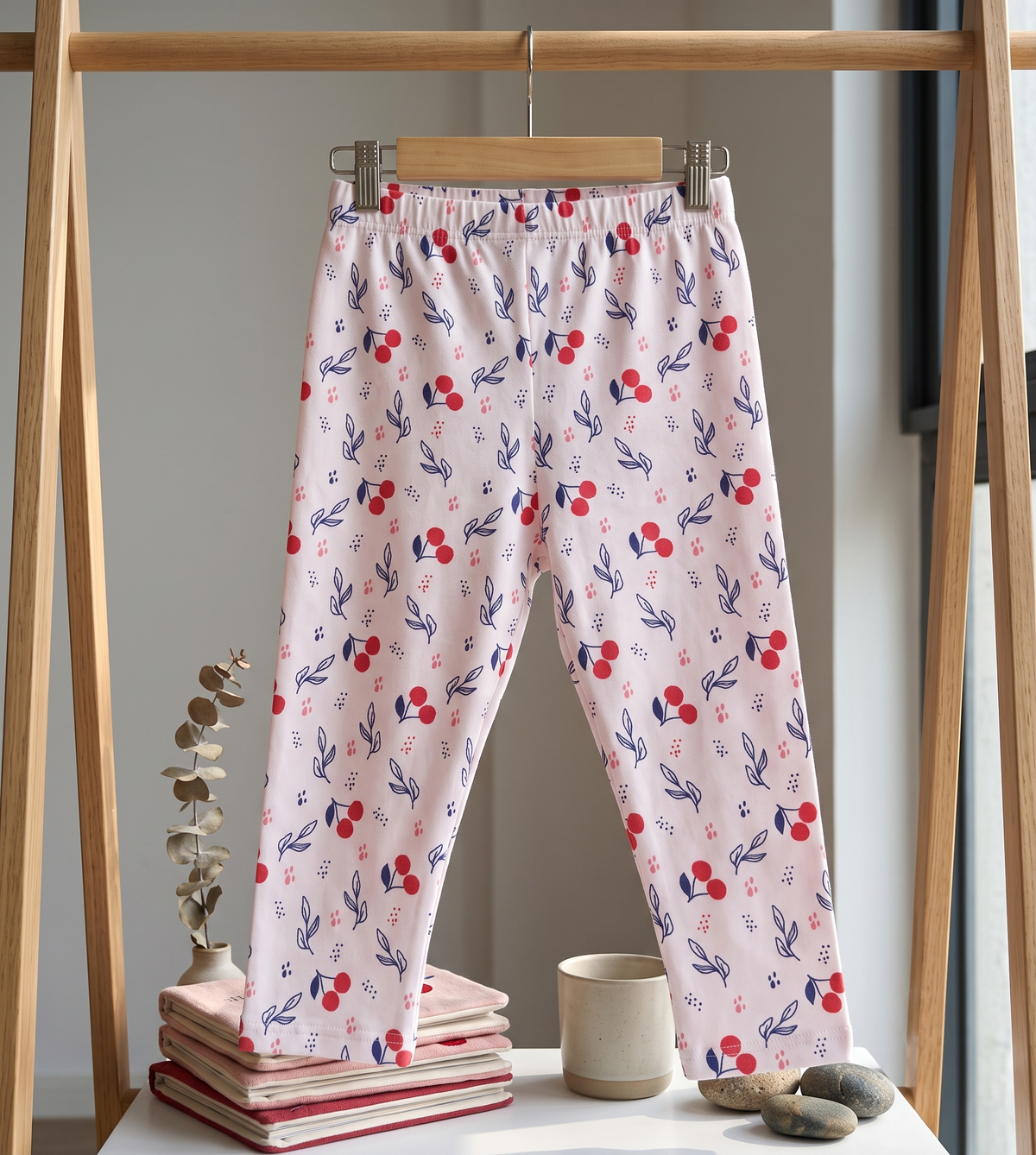 Girls Happy Cherries Graphic Print T-Shirt and Printed Pajama Cotton Nightwear Lounge Set — Pastel Pink / White | Yokidz