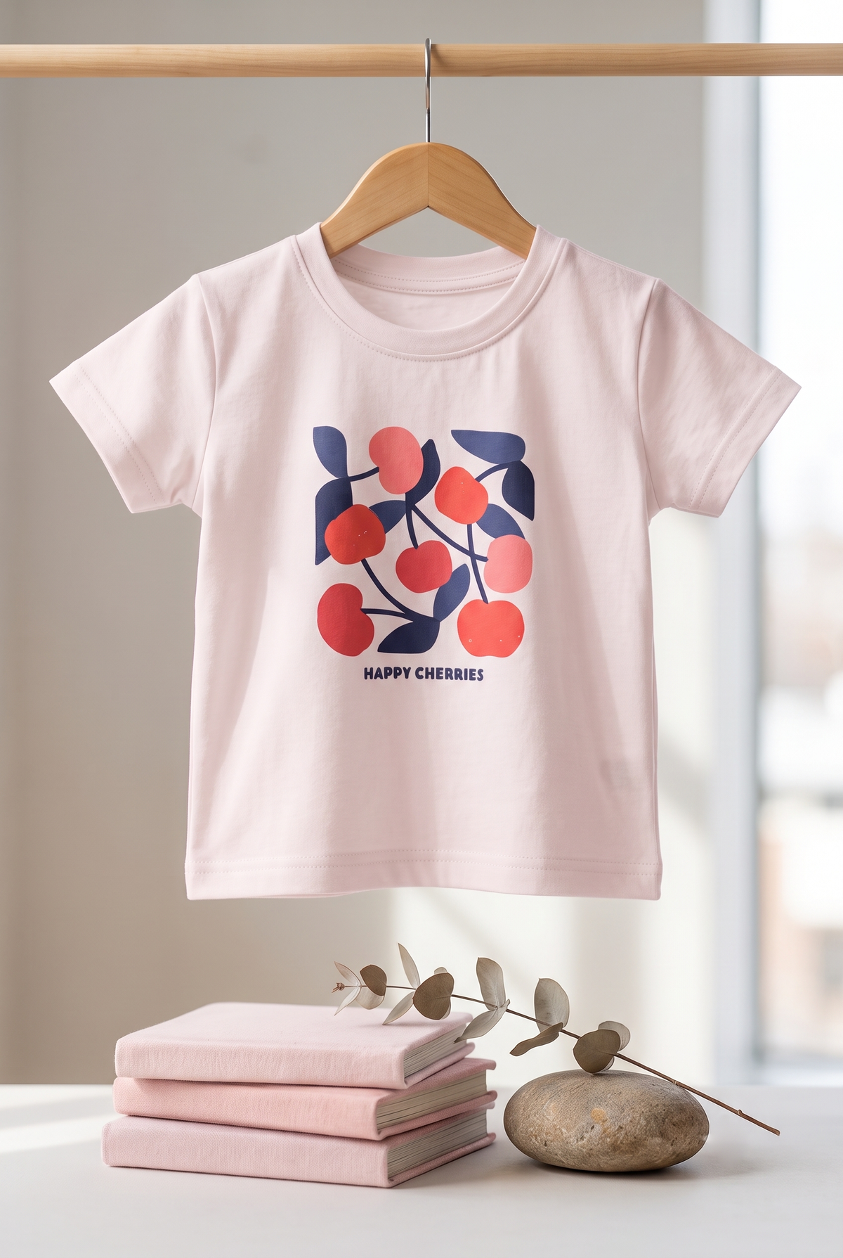 Girls Happy Cherries Graphic Print T-Shirt and Printed Pajama Cotton Nightwear Lounge Set — Pastel Pink / White | Yokidz