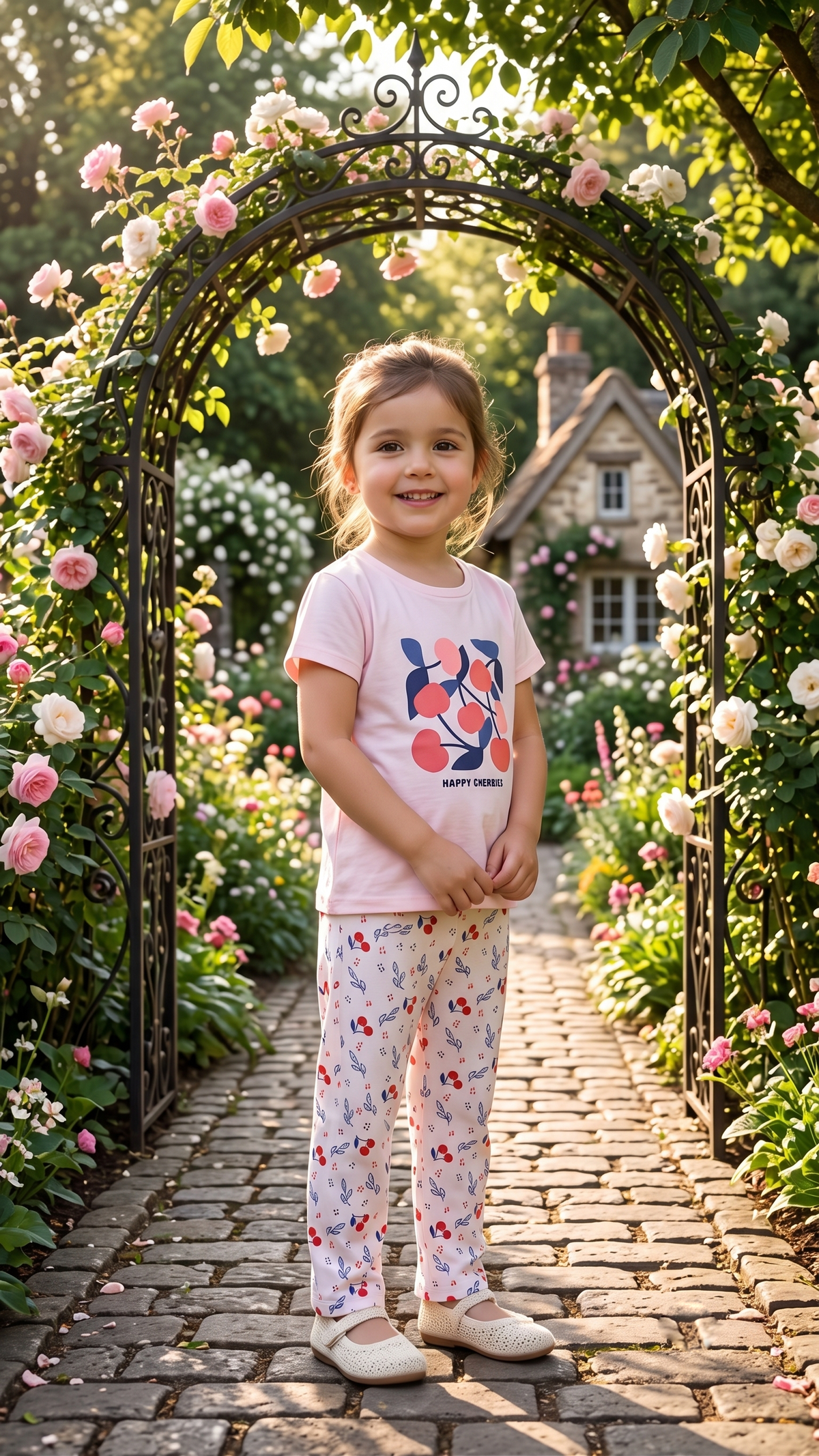 Girls Happy Cherries Graphic Print T-Shirt and Printed Pajama Cotton Nightwear Lounge Set — Pastel Pink / White | Yokidz