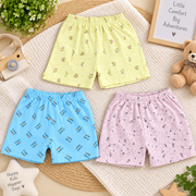 Girls / Kids Printed Pure Cotton Shorts (Pack of 3) — Floral Yellow, I Love My Family Sky Blue & Swirl Floral Lavender | Yokidz