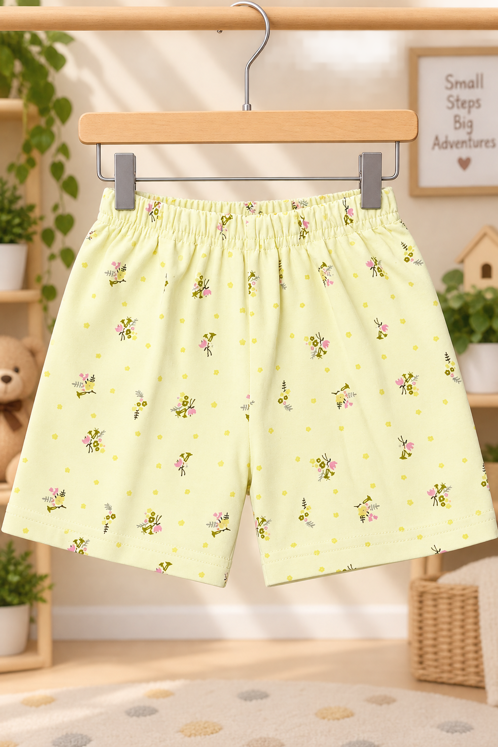 Girls / Kids Printed Pure Cotton Shorts (Pack of 3) — Floral Yellow, I Love My Family Sky Blue & Swirl Floral Lavender | Yokidz