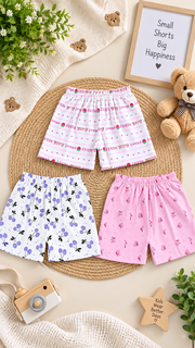 Girls / Kids Printed Pure Cotton Shorts (Pack of 3) — Sweet Little Berry White, Cherry Blossom Purple & Floral Pink | Yokidz